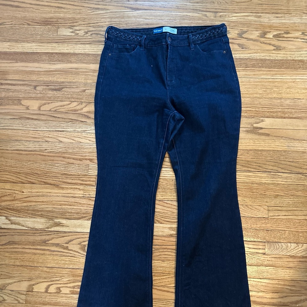 Old Navy Extra High Rise Flare, Dark Was, braided detail at belt line